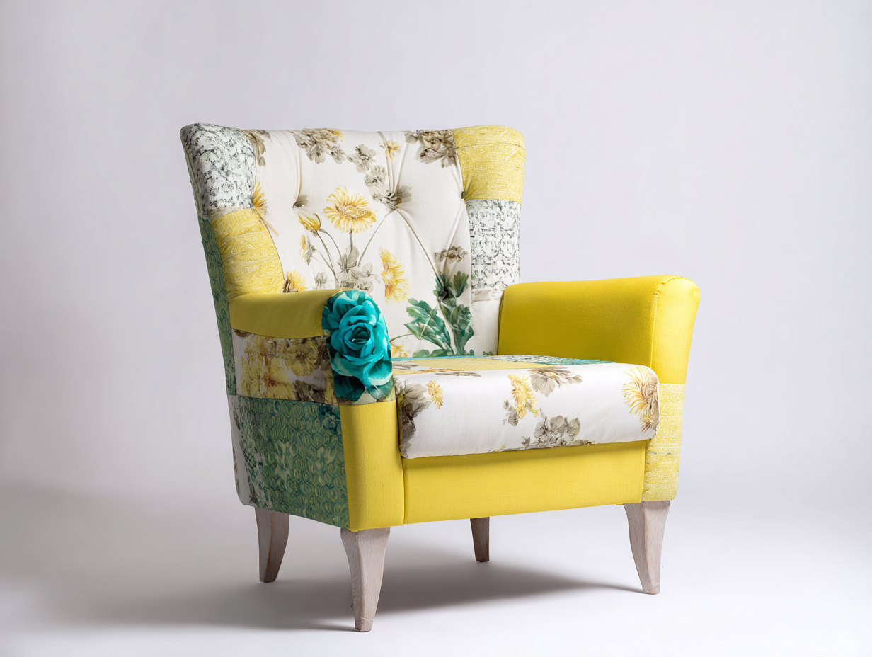 Sillón de tela 85x80x95 cm tapizado multicolor amarillo verde floral sillón individual salón diseño moderno-Katararoom