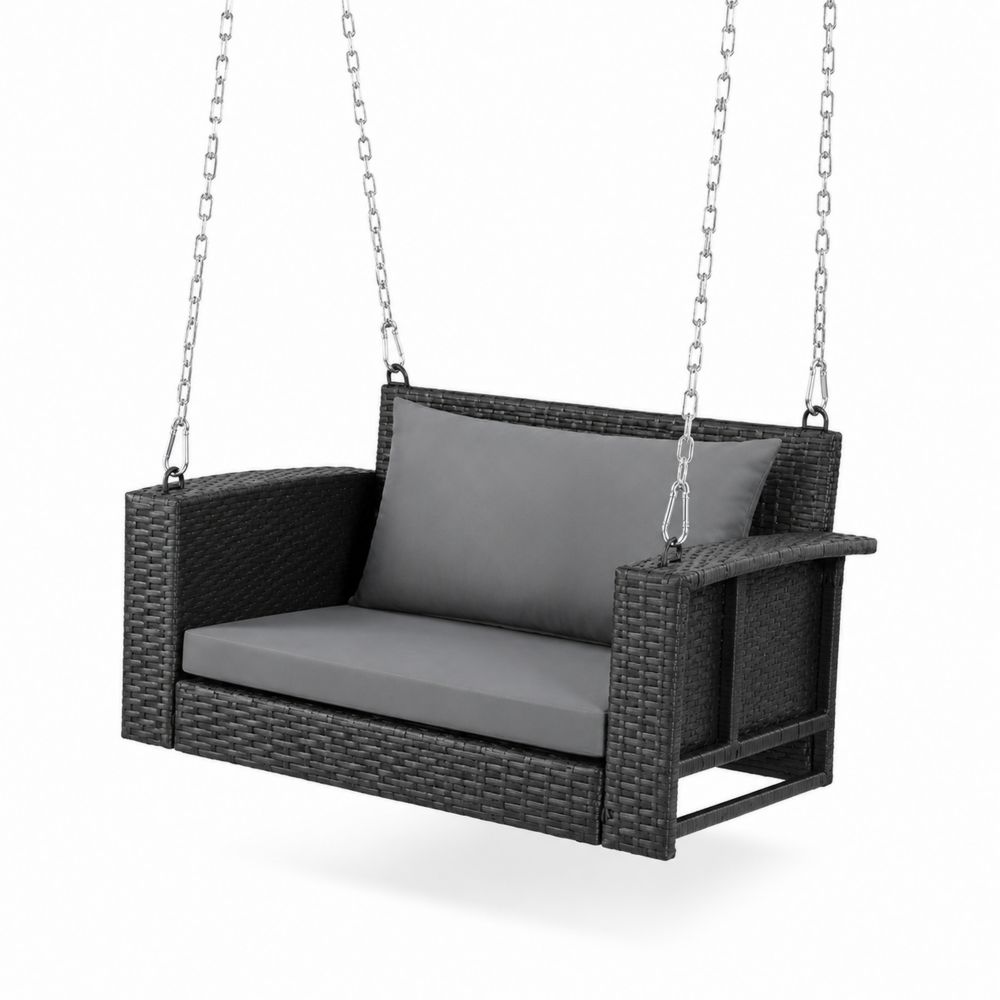 2-Sitzer Rattan-Schaukel mit Stahlrahmen und Grauen Kissen, Schwarz
