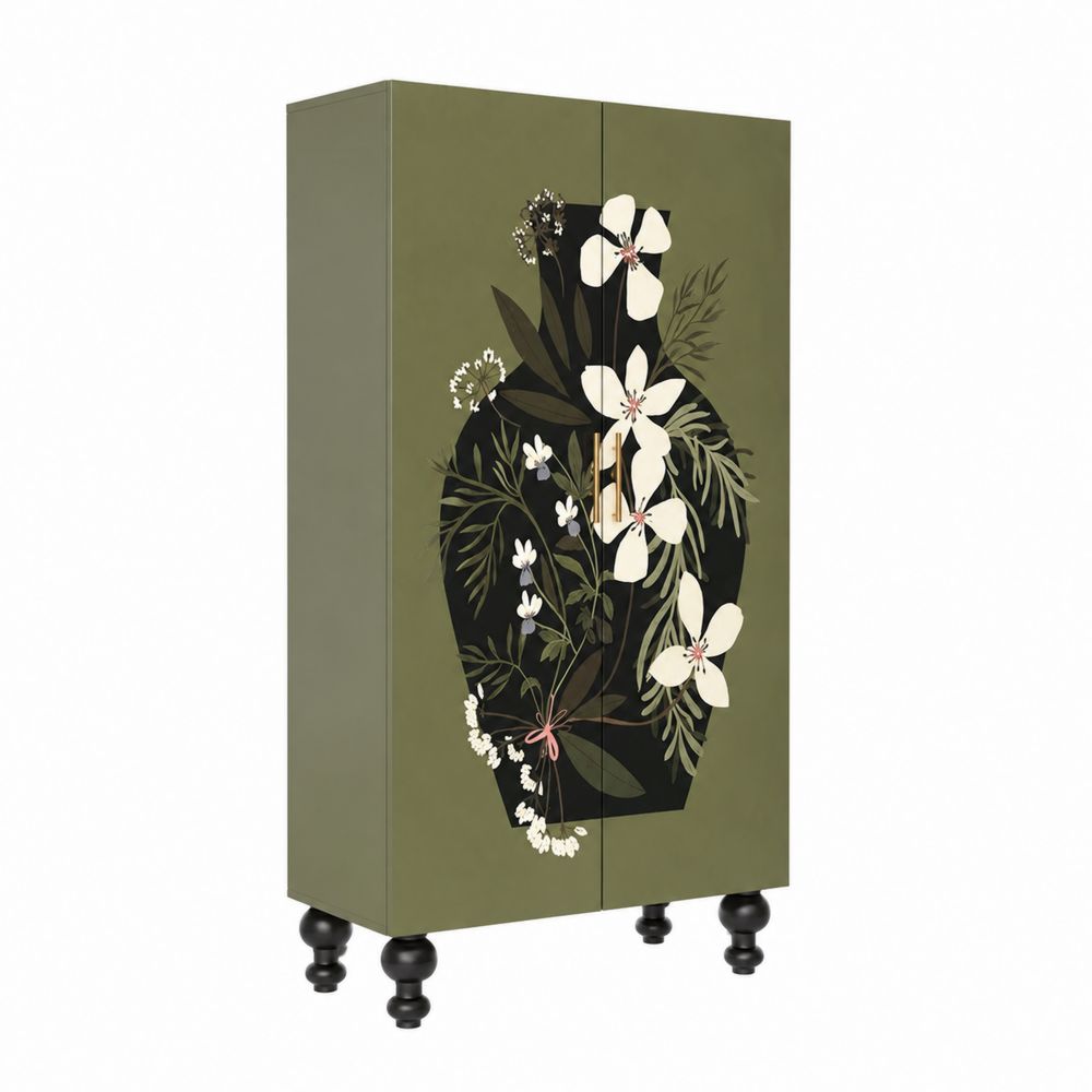 Schrank aus MDF mit Blumenmuster, Olivgrün, 180cm