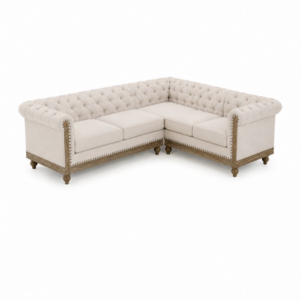 Ecksofa im Chesterfield-Stil aus Stoff und Holzrahmen Beige