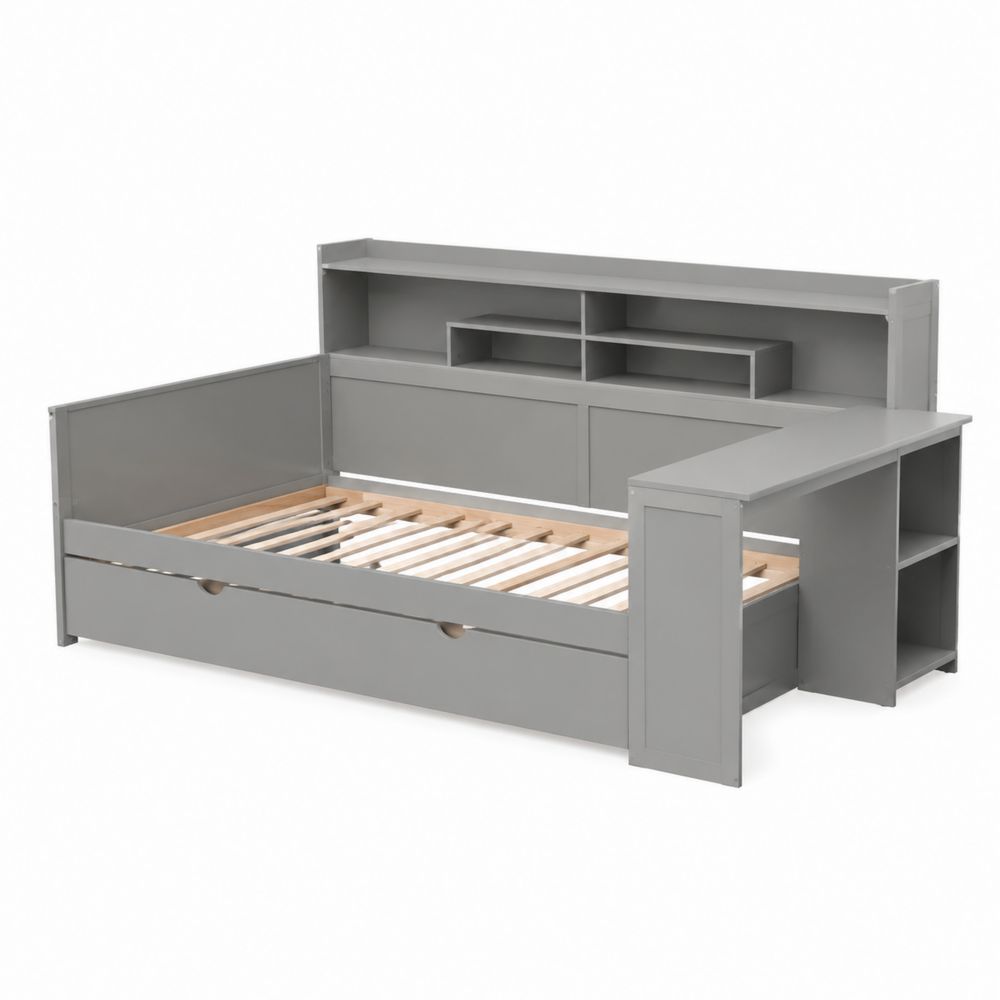 Tagesbett mit Regal und Schublade aus MDF und Kiefernholz, 90x200 cm, Grau