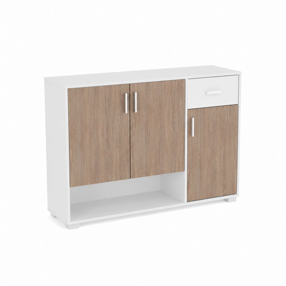 Schuhschrank mit Türen und Schublade aus MDF Weiß und Holzoptik 90x33x75cm