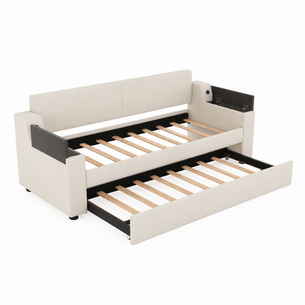 Holz und Stoff Tagesbett mit Ausziehbett Beige 200x90 cm