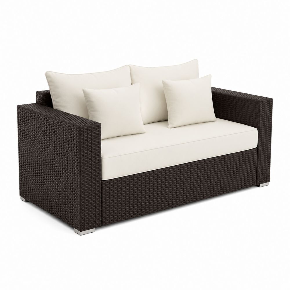 Rattan 2-Sitzer Gartensofa Dunkelbraun mit beigen Kissen