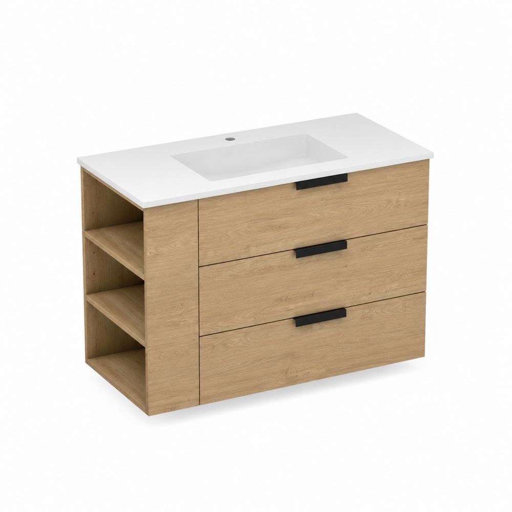 Eichenholz Waschtischunterschrank mit Keramik Waschbecken, 3 Schubladen, Natur/Weiß, 120 cm