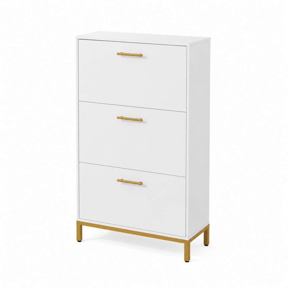 Schuhschrank mit 3 Klappen aus MDF und Metall Weiß/Gold