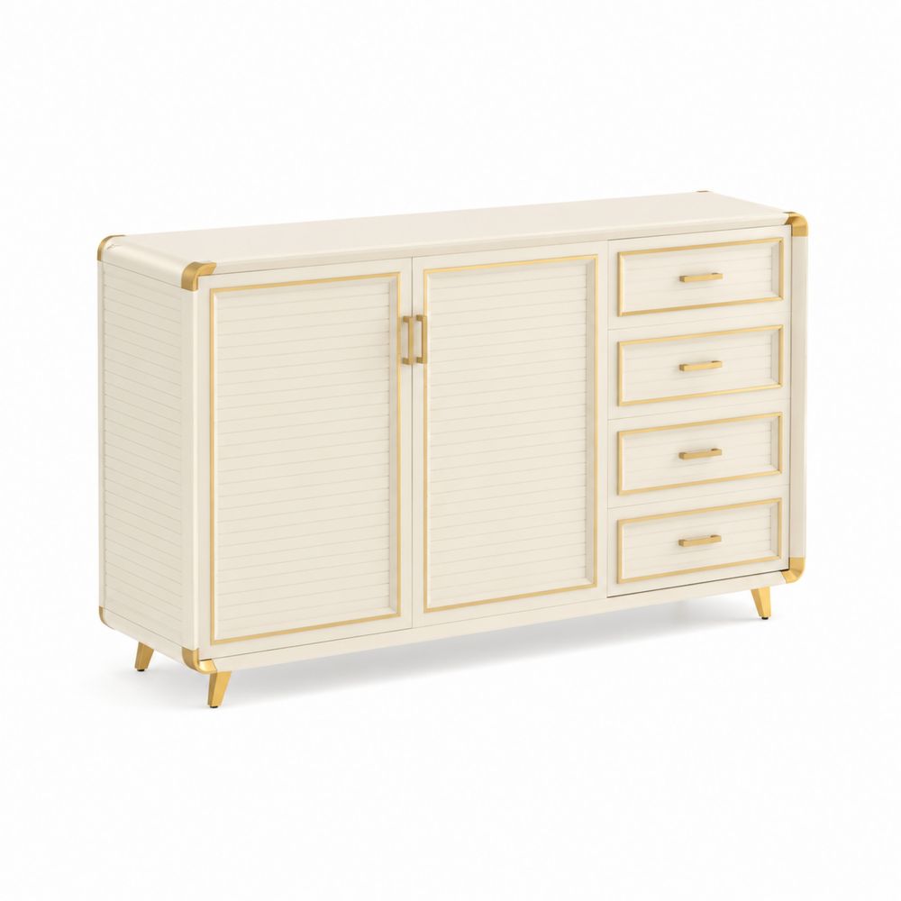 Sideboard mit Schubladen und Türen aus Holz und Metall in Creme