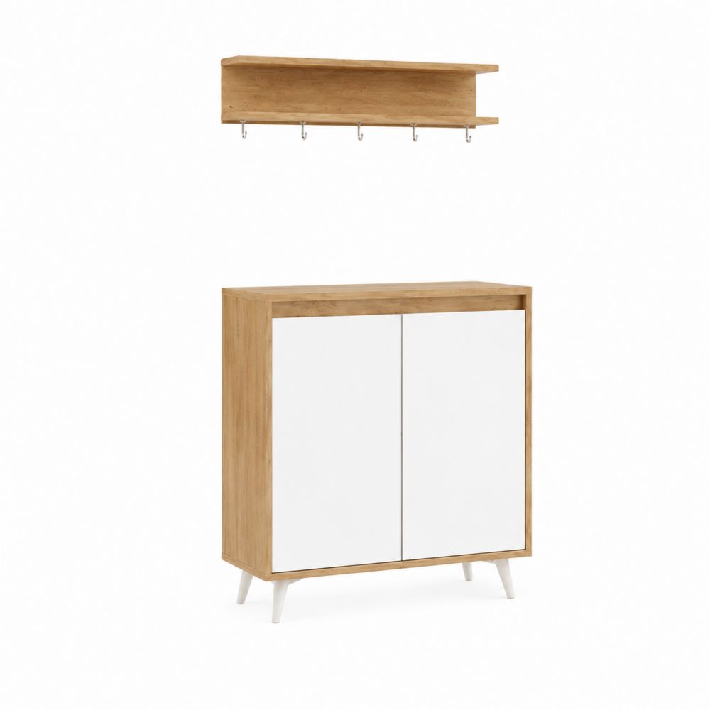 Garderobenkombination aus Holzfurnier Eiche/Weiß mit Regal und Schrank