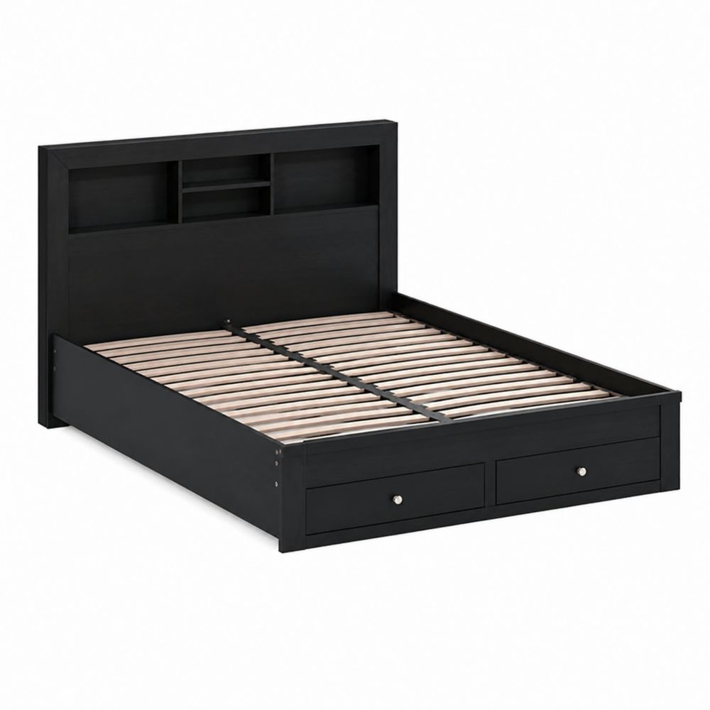 Bett mit Stauraum und Kopfteil, Holz, Schwarz
