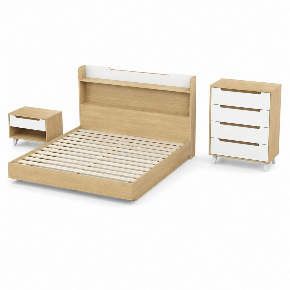 Schlafzimmer-Set Bett 200x180 cm Nachttisch Kommode Eichenholz Weiß