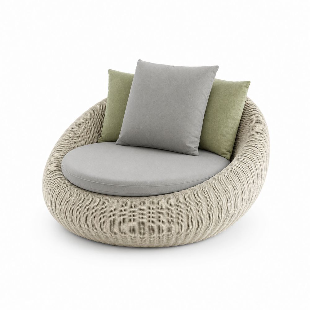 Runder Clubsessel aus Rattan mit Kissen Beige/Grau/Grün-Hausraumdesign
