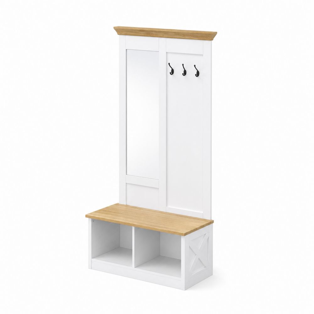 Garderobenbank mit Spiegel und Haken aus MDF Weiß/Eiche 190 cm-Hausraumdesign
