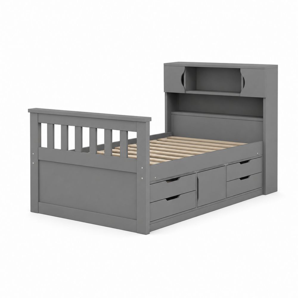Holzbett mit Stauraum, Schubladen und Regal Kopfteil 200x90cm Grau-Hausraumdesign