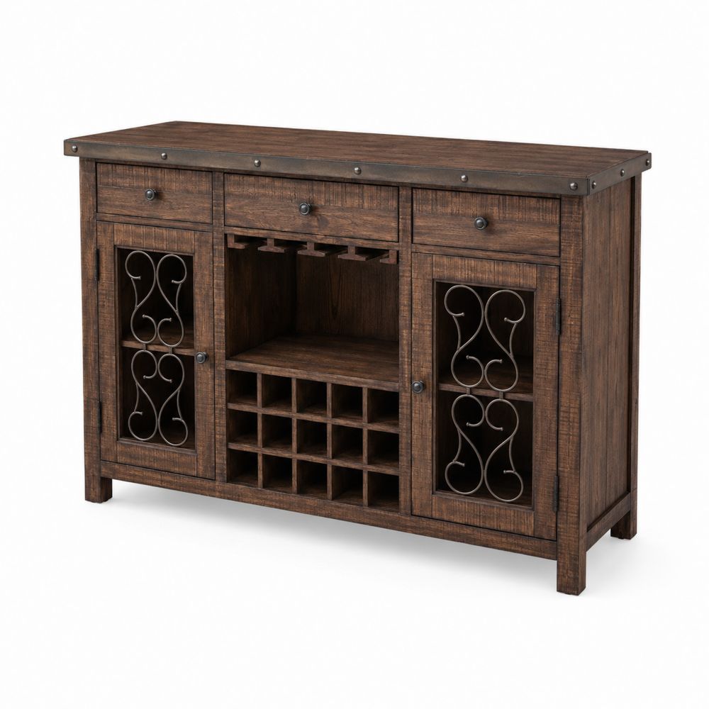 Buffet aus Holz und Metall mit Weinregal, Dunkelbraun-Hausraumdesign