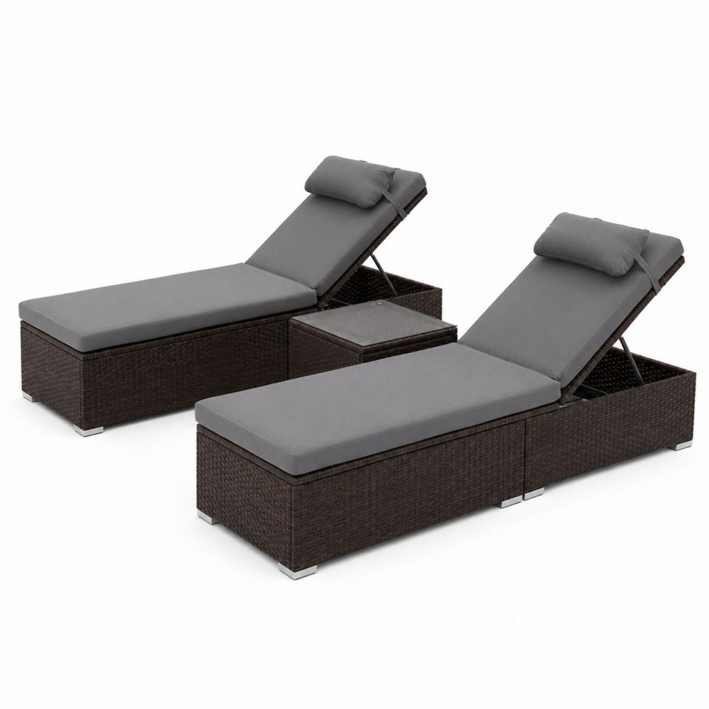 Rattan Sonnenliegen Set mit Tisch, Dunkelbraun/Grau-Hausraumdesign