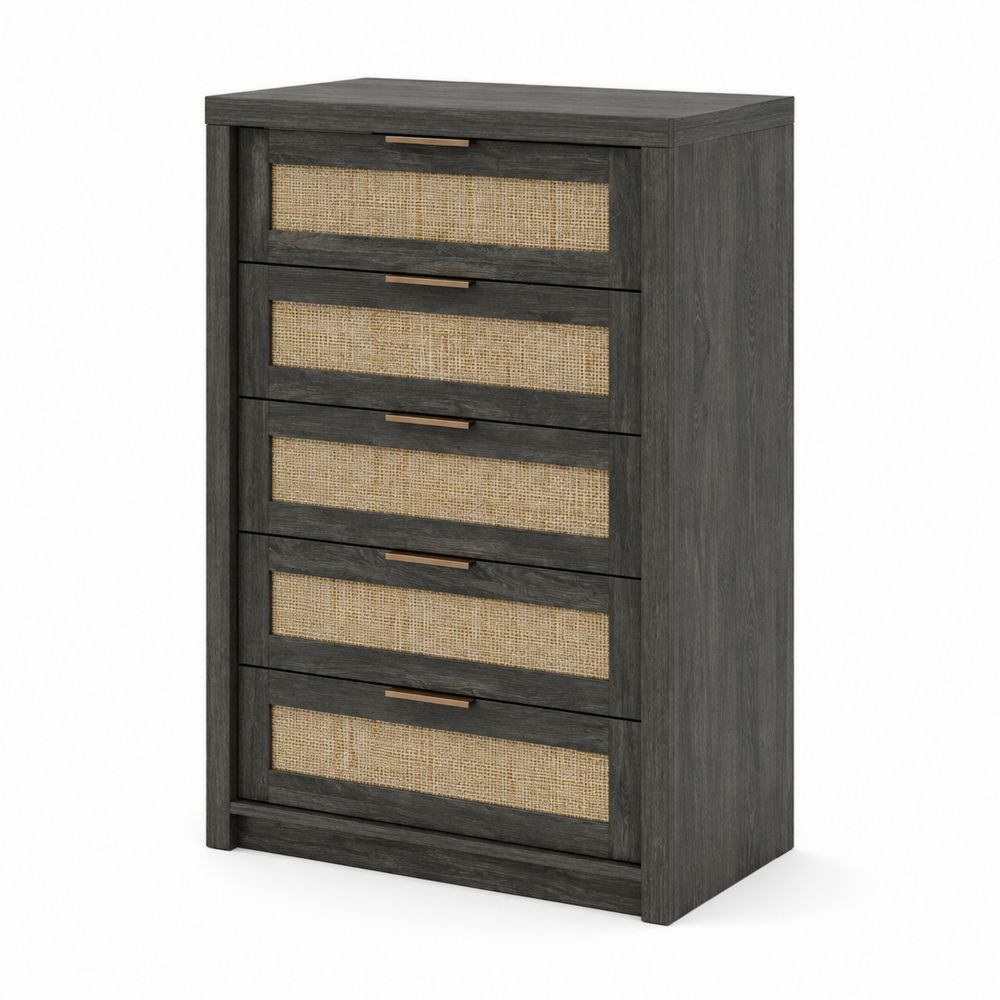 Kommode mit Holzfaserplatte und Rattan 5 Schubladen Dunkelgrau/Natur-Hausraumdesign