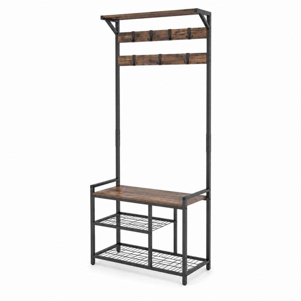 Metall-Garderobenständer mit Holzregal, Dunkelbraun/Schwarz-Hausraumdesign