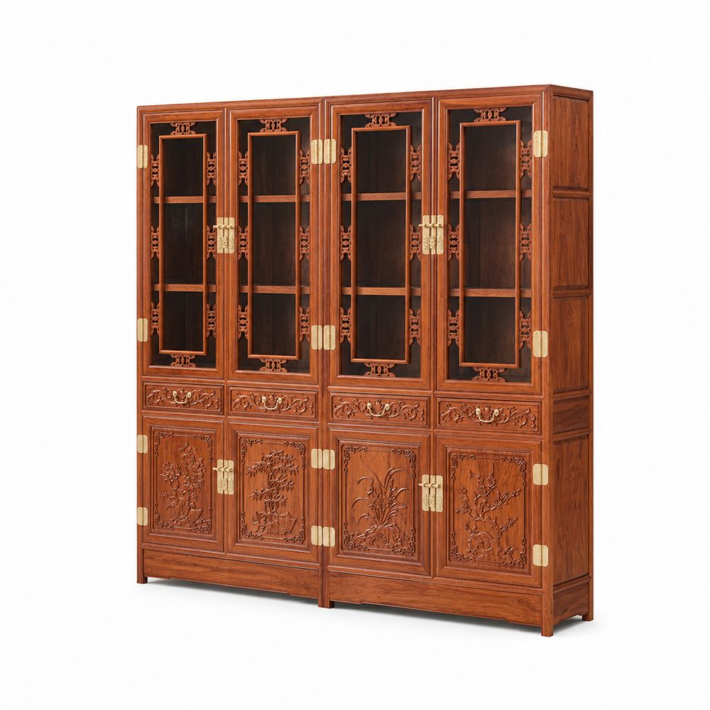 Holzbuffet mit Glas- und Schnitztüren, 210x150x40 cm, Braun-Hausraumdesign