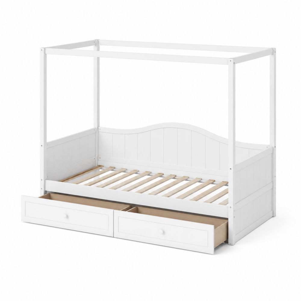 Weißes Holz-Tagesbett mit Himmelrahmen und Schubladen-Hausraumdesign