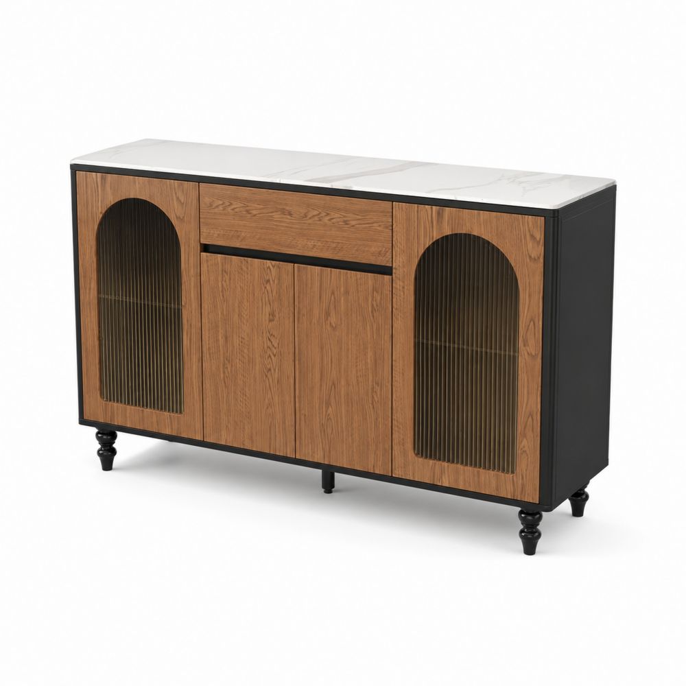 Buffetschrank mit Marmoroptik-Oberfläche und Holzoptik, Glas und MDF, Schwarz/Braun-Hausraumdesign