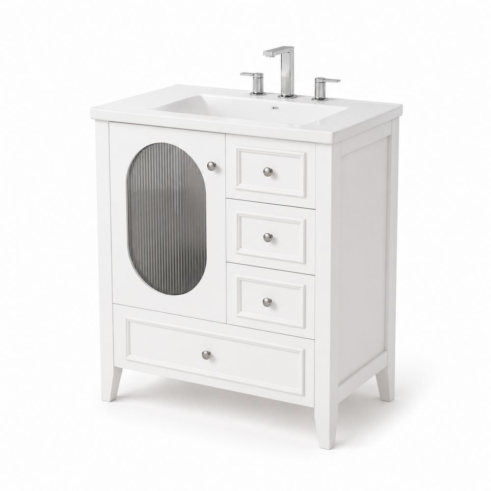 Einzelwaschtischunterschrank rechteckig 60cm MDF Weiß mit Glasfront-Hausraumdesign
