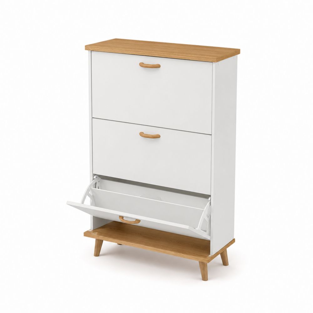 Schuhschrank Holz und MDF Weiß mit 3 Klappen 118x68x24 cm-Hausraumdesign
