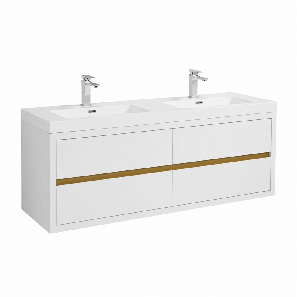 Wandmontierter Doppelwaschtisch mit MDF und Keramik, Weiß und Gold, 150x45x55 cm-Hausraumdesign
