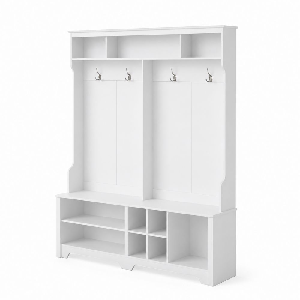 Garderobenkombination Weiß MDF 195x130x40cm mit Metallhaken und Regalen-Hausraumdesign