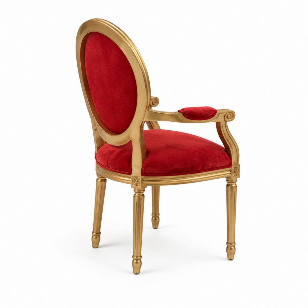 Holzstuhl mit Baumwollsamtbezug in Rot und Goldfarbe-Hausraumdesign