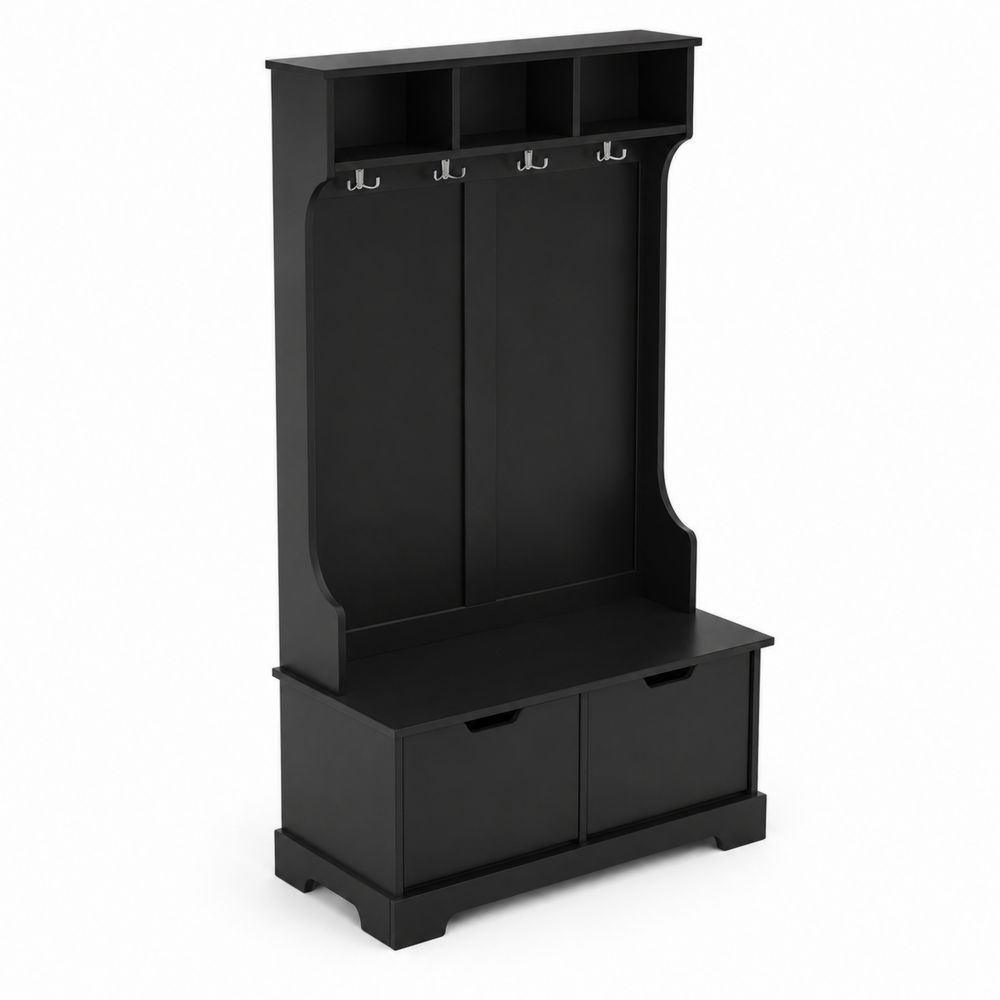 Schwarze Garderobenkombination aus MDF mit Haken und Sitzbank-Hausraumdesign