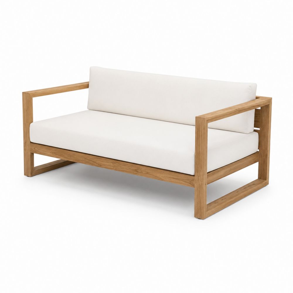 Gartensofa 2-Sitzer Teakholz mit weißen Polyesterkissen-Hausraumdesign
