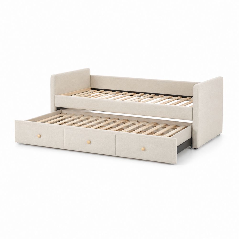 Tagesbett mit ausziehbarem Unterbett 200x90 cm Textil Beige-Hausraumdesign