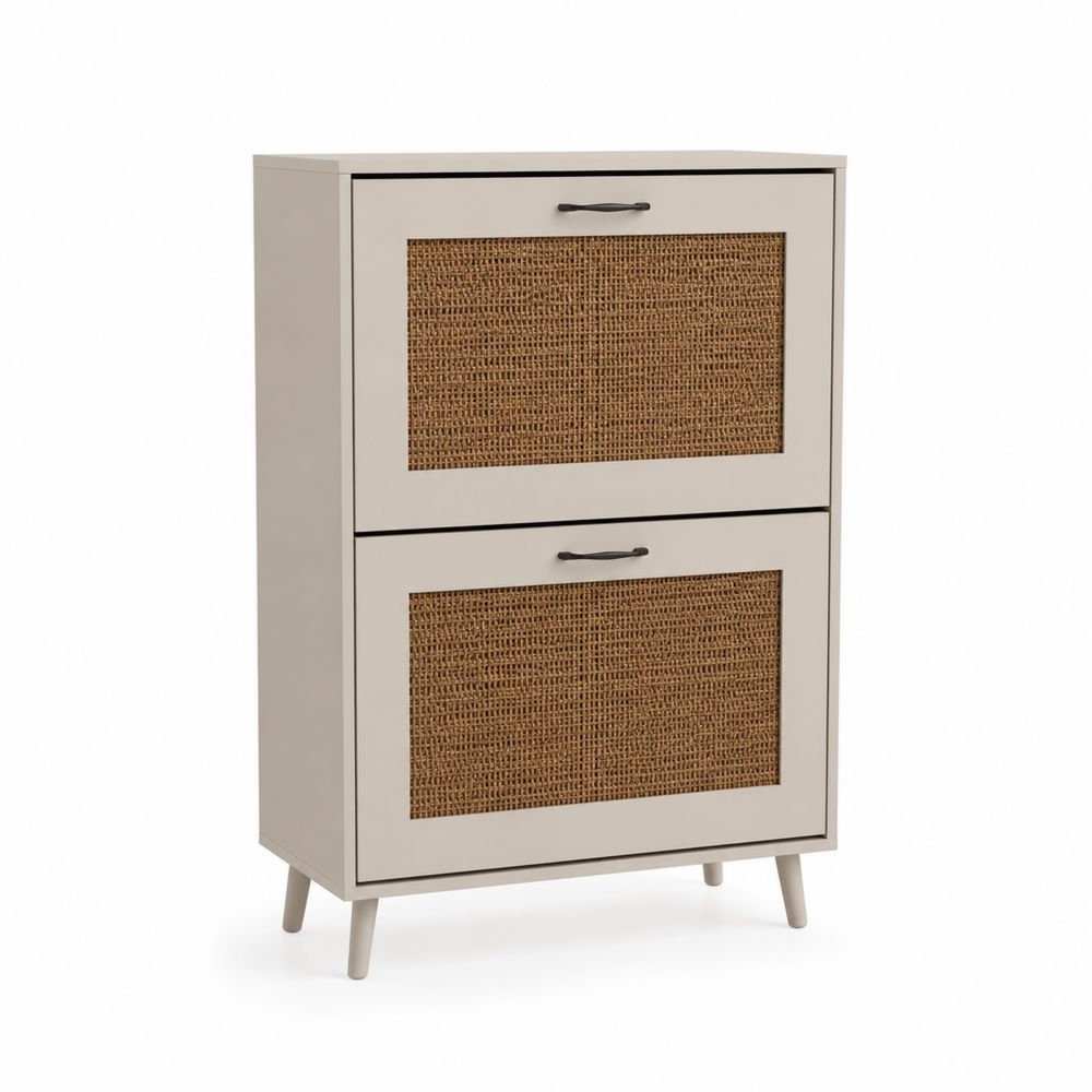 Schuhschrank mit 2 Klappen aus MDF und Rattan Beige-Hausraumdesign