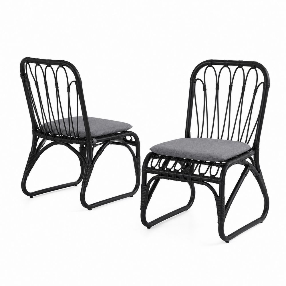 Rattan-Stuhlset Schwarz mit Grauen Kissen, 2er-Set-Hausraumdesign
