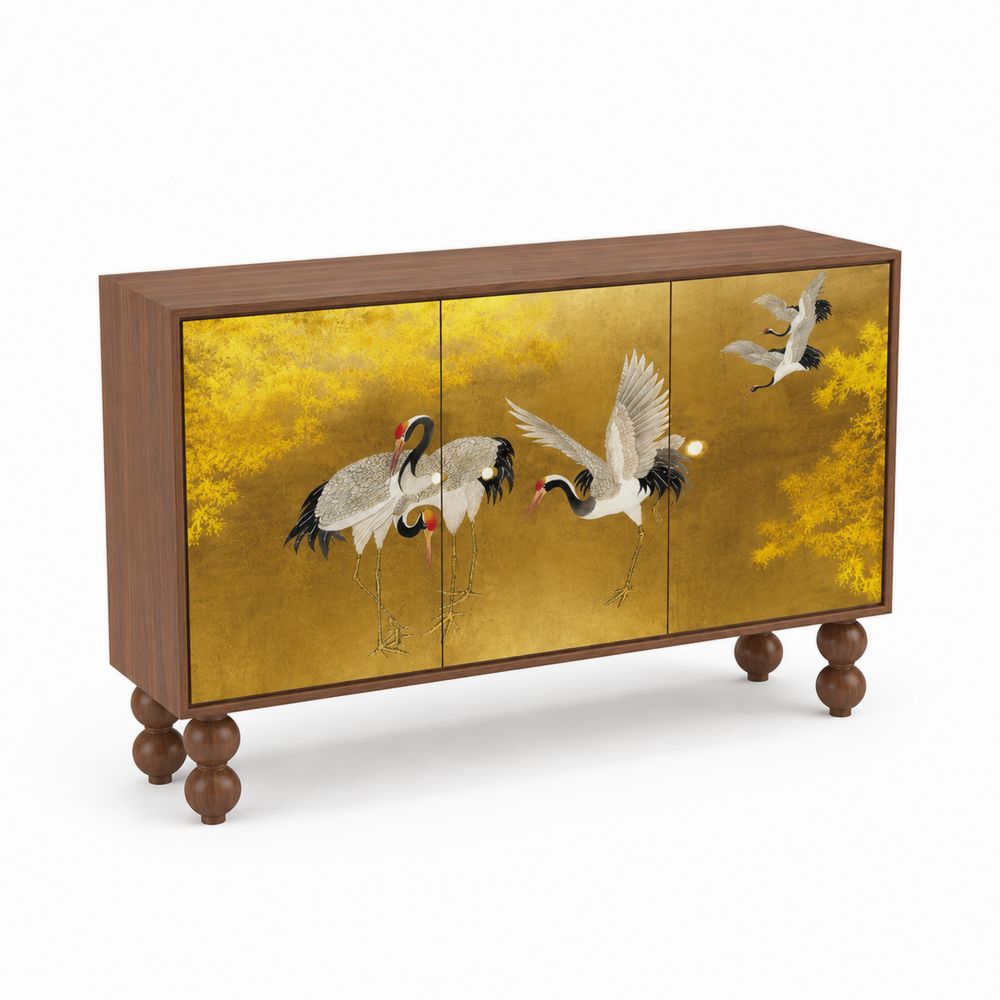 Sideboard aus Massivholz mit Kranich-Motiv Gold 120 cm-Hausraumdesign