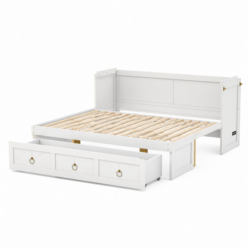Holzbett mit Stauraum und Schublade Weiß-Hausraumdesign