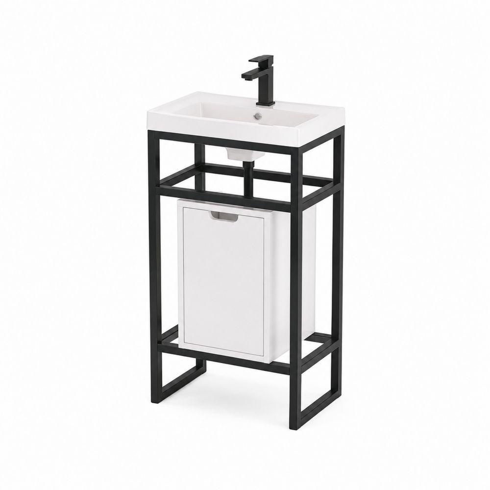 Waschbeckenunterschrank mit Keramikwaschbecken und Stahlrahmen Schwarz/Weiß-Hausraumdesign