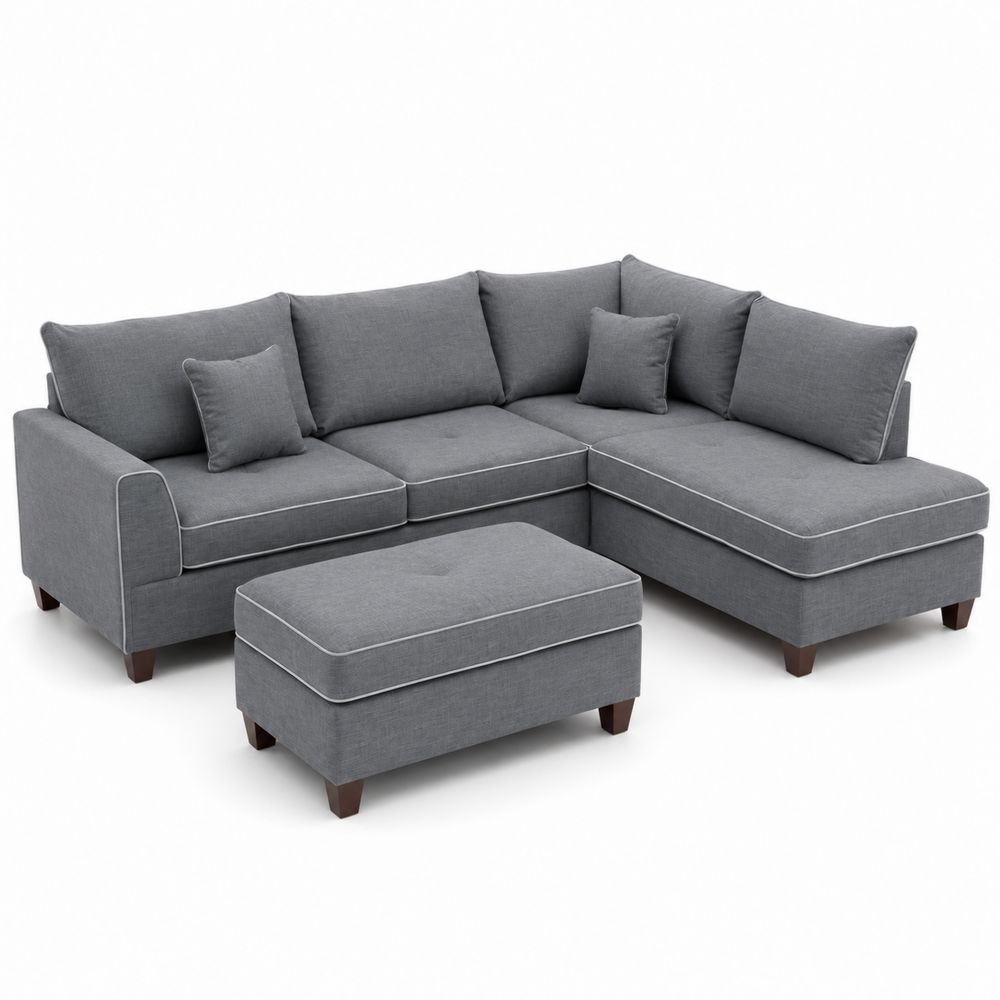 Stoff Ecksofa mit Ottomane und Kissen Grau-Hausraumdesign