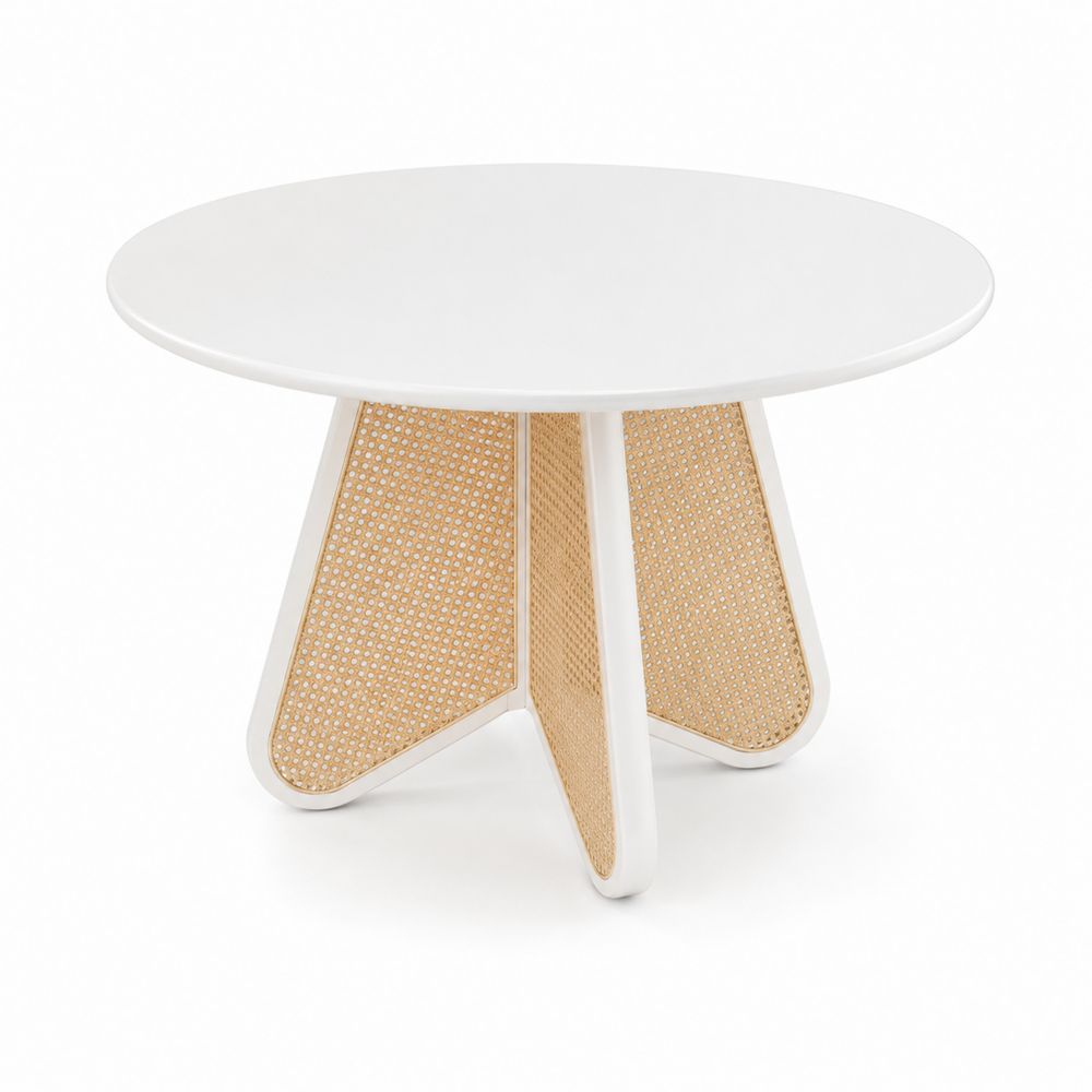 Runder Esstisch MDF Weiß und Natur-Rattan-Hausraumdesign