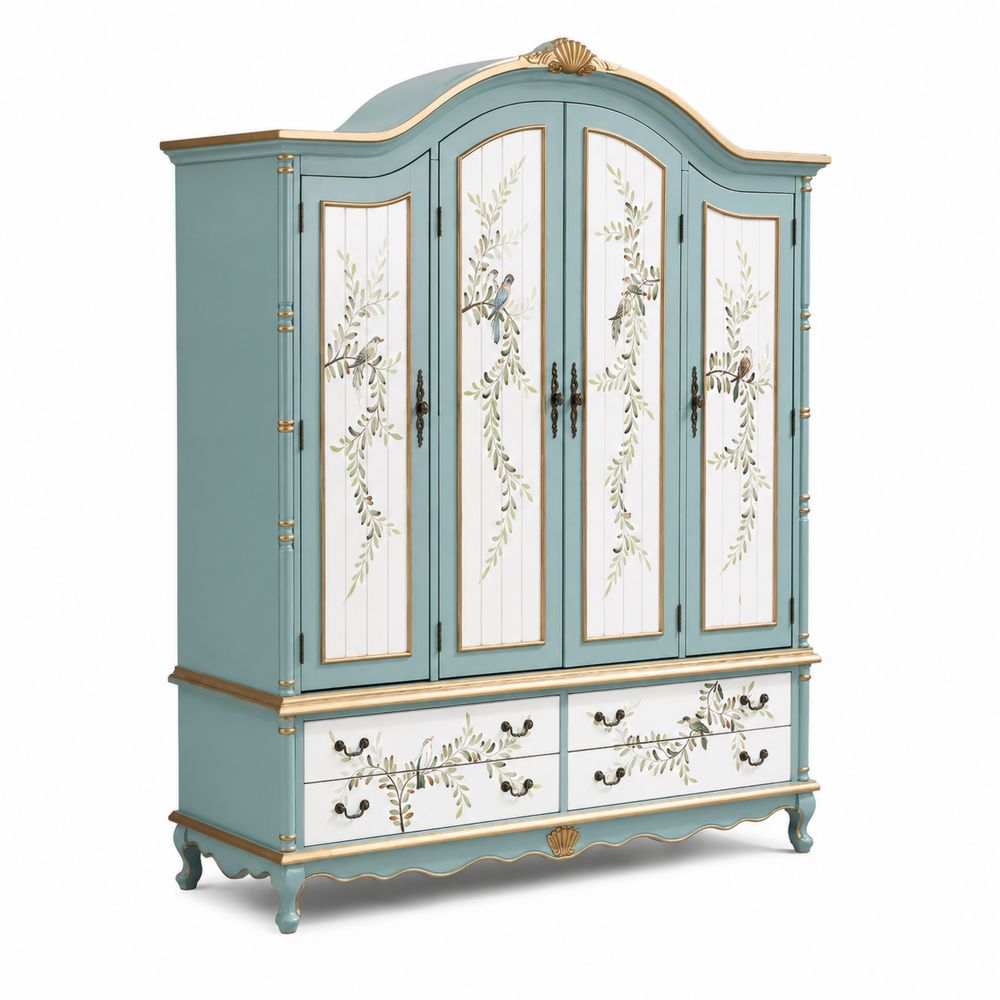 Handbemalter Holzschrank mit 4 Türen und 4 Schubladen, Grün/Weiß-Hausraumdesign