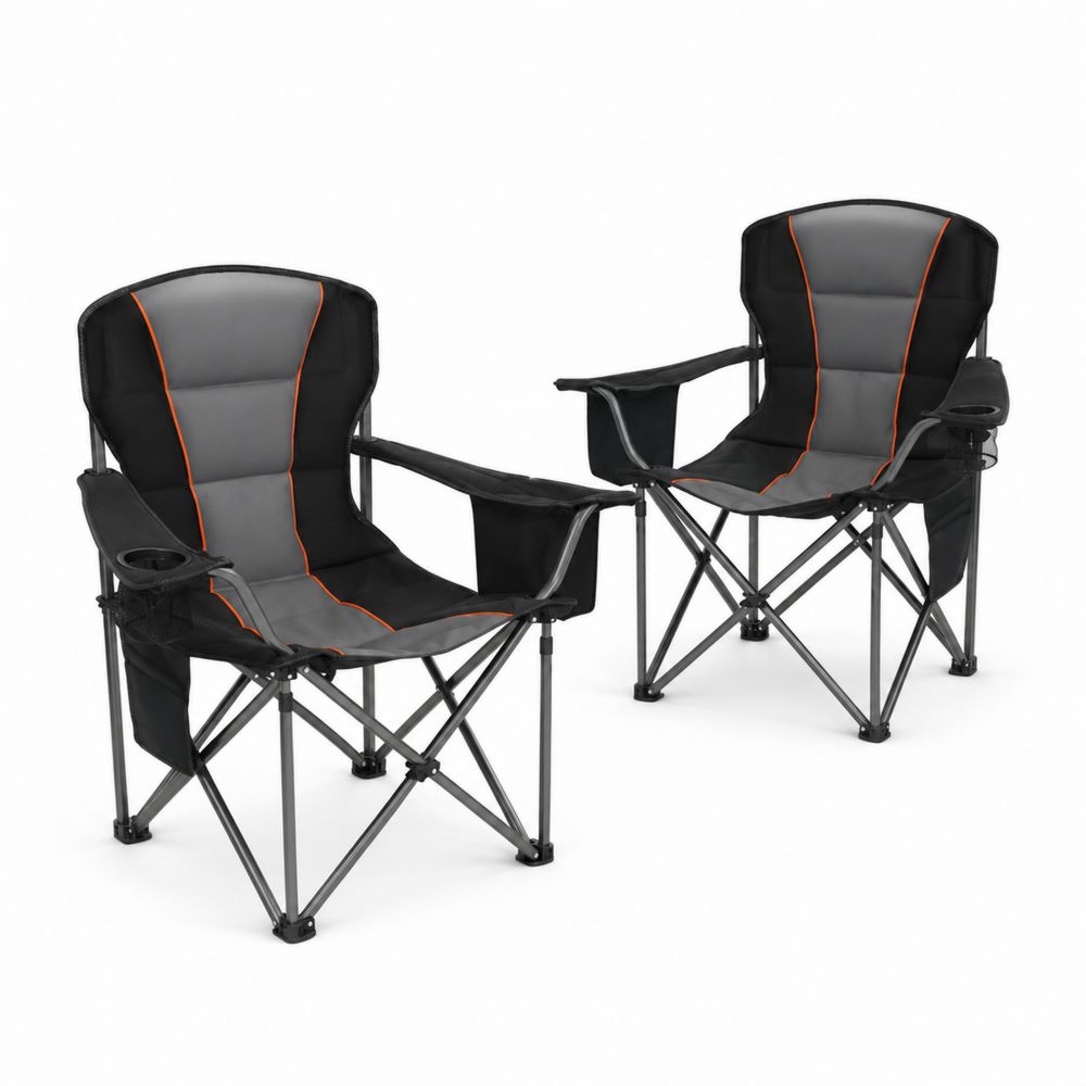 Set aus 2 klappbaren Campingstühlen mit Getränkehalter, aus Polyester und Stahl, Grau/Schwarz-Hausraumdesign