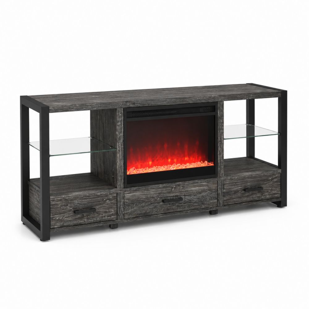 TV-Schrank mit elektrischem Kamin aus Holzwerkstoff und Glasregalen Grau/Schwarz-Hausraumdesign