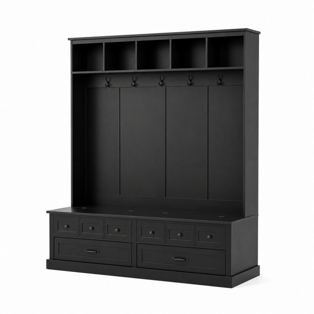 Garderobenkombination MDF Schwarz mit Haken und Stauraum 180x150x40cm-Hausraumdesign
