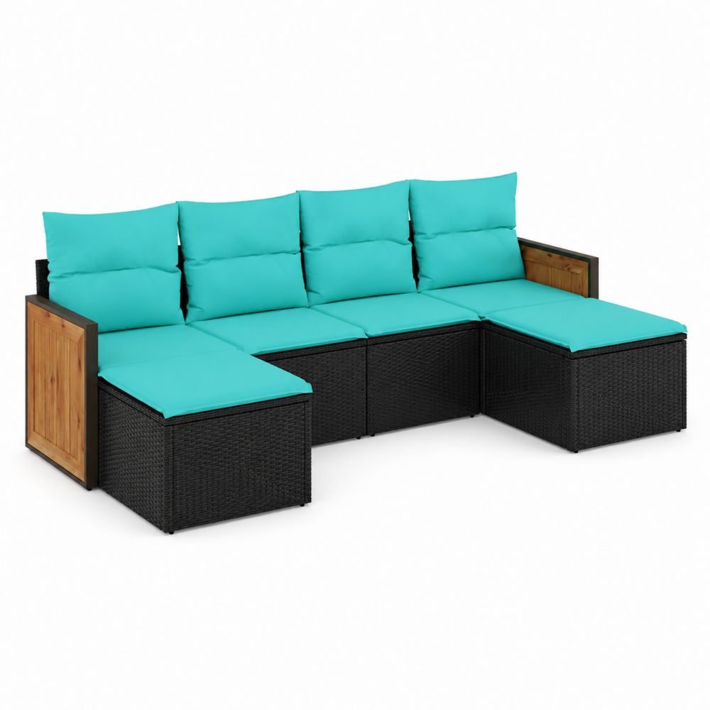 Gartensofa Lounge-Set Rattan L-förmig Holzarmlehne Türkis 210x140x65cm-Hausraumdesign