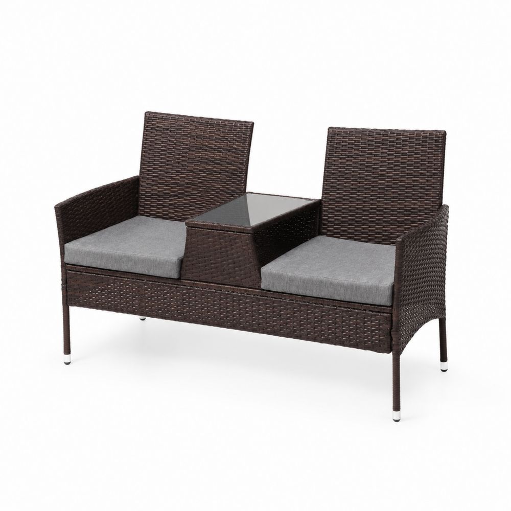 Rattanbank mit Tisch und Glasplatte Braun Grau 133cm-maisonfleurco