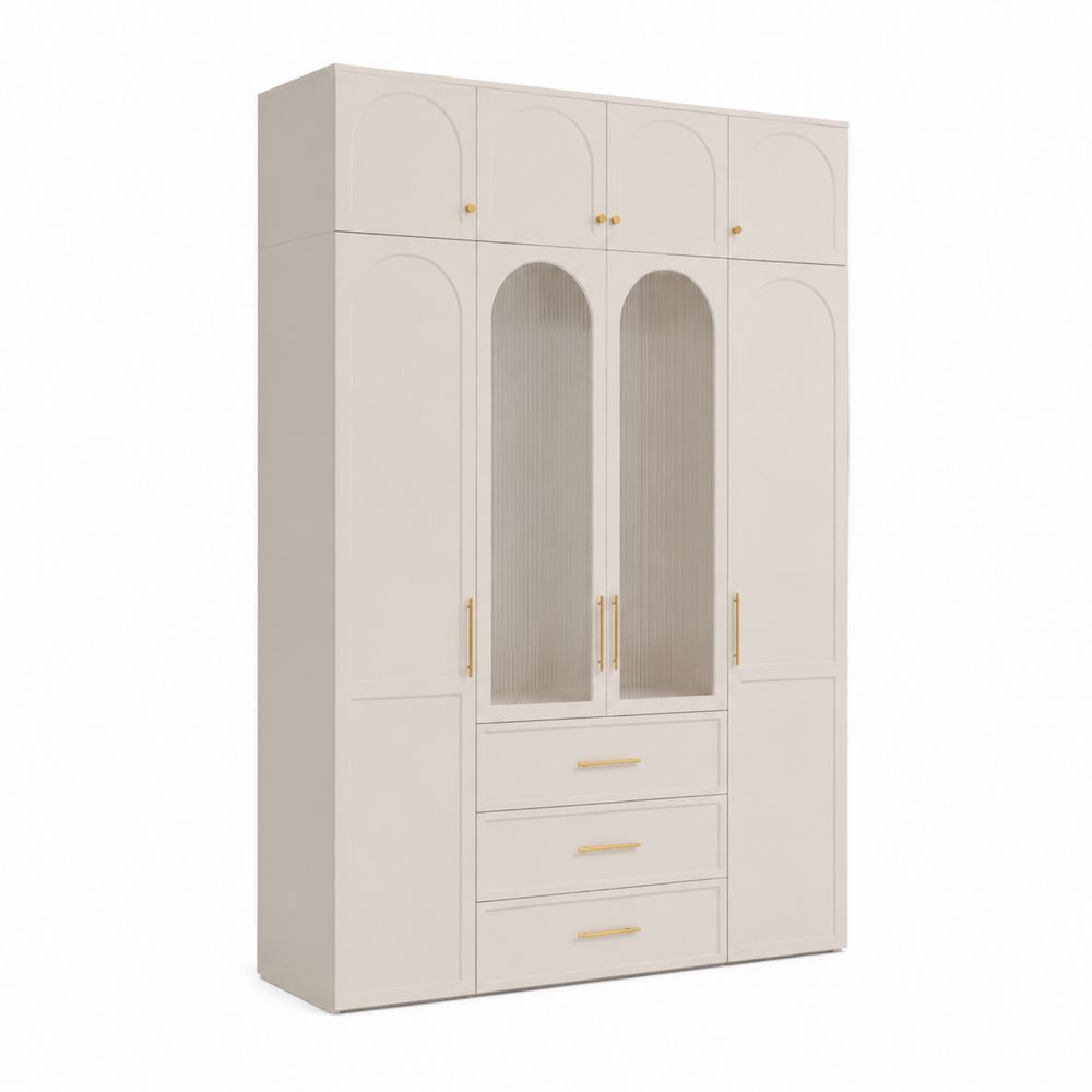 Kleiderschrank mit MDF und geriffeltem Glas in Weiß 300x60x240cm-maisonfleurco