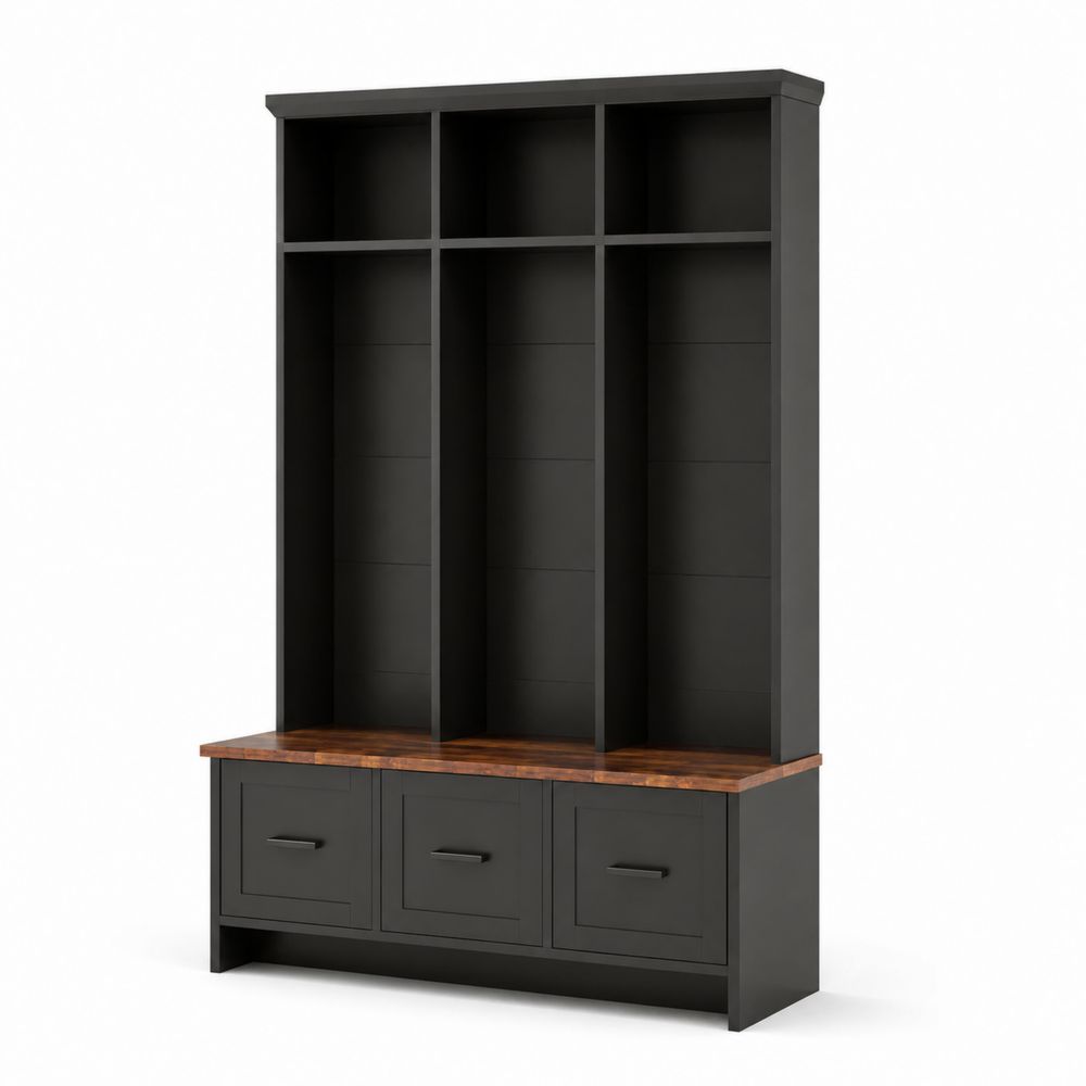 Schwarze Holz Garderobe mit Bank und Regalen-maisonfleurco