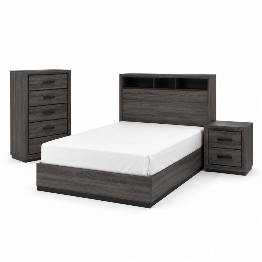 Schlafzimmer-Set mit Holzoptik Bett, Kopfteil und Stauraum Dunkelgrau-maisonfleurco