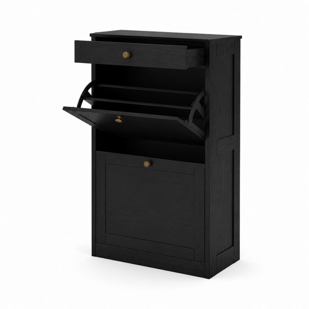 Schuhschrank Aus Holz Schwarz mit 3 Fächern-maisonfleurco