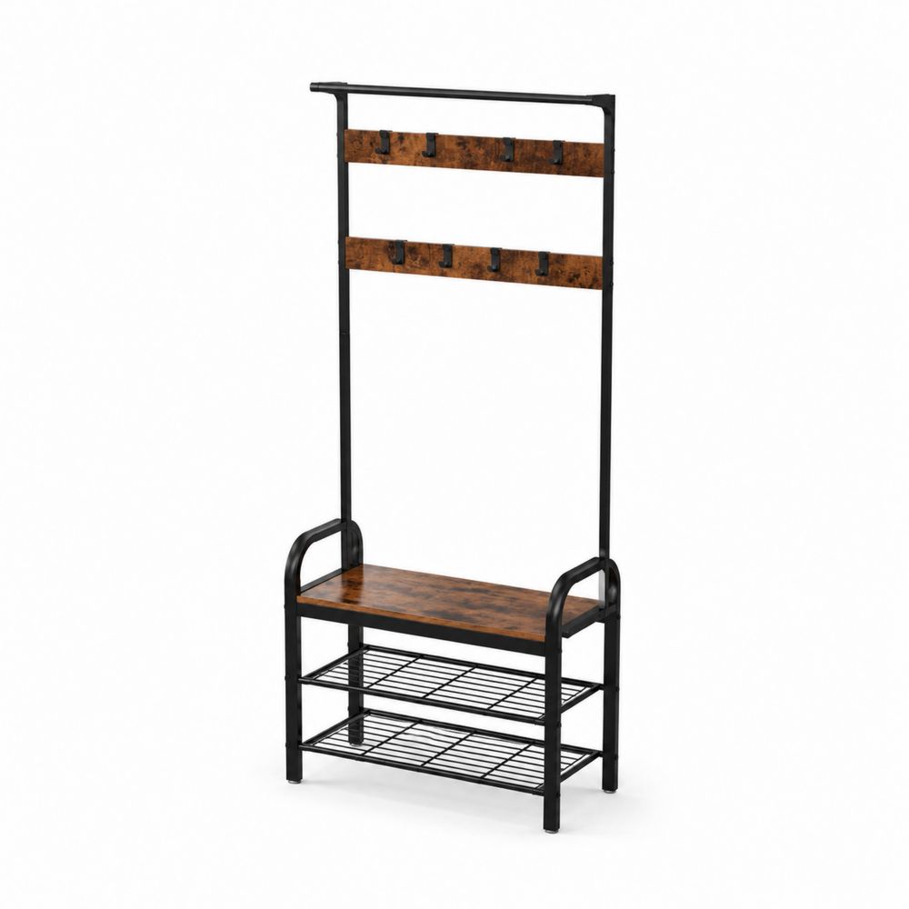 Garderobenständer mit Schuhregal Metallgestell mit 6 Haken Holz Braun/Schwarz-maisonfleurco